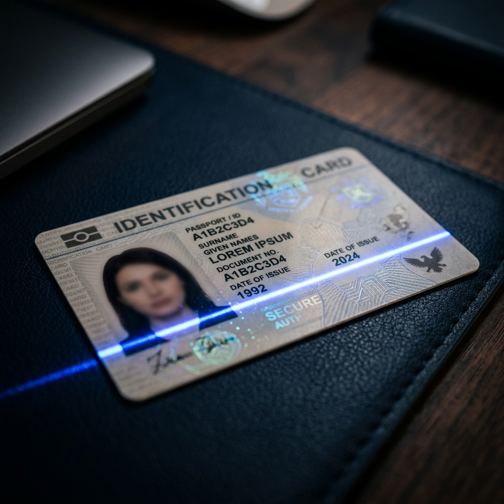 Identity document being scanned under a blue verification light